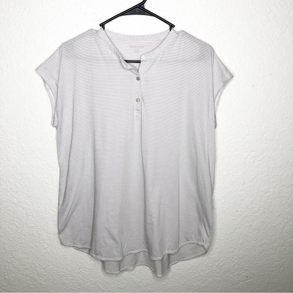 Eileen Fisher gray white striped henley organic cotton top size Petite Medium PM